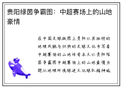 贵阳绿茵争霸图：中超赛场上的山地豪情